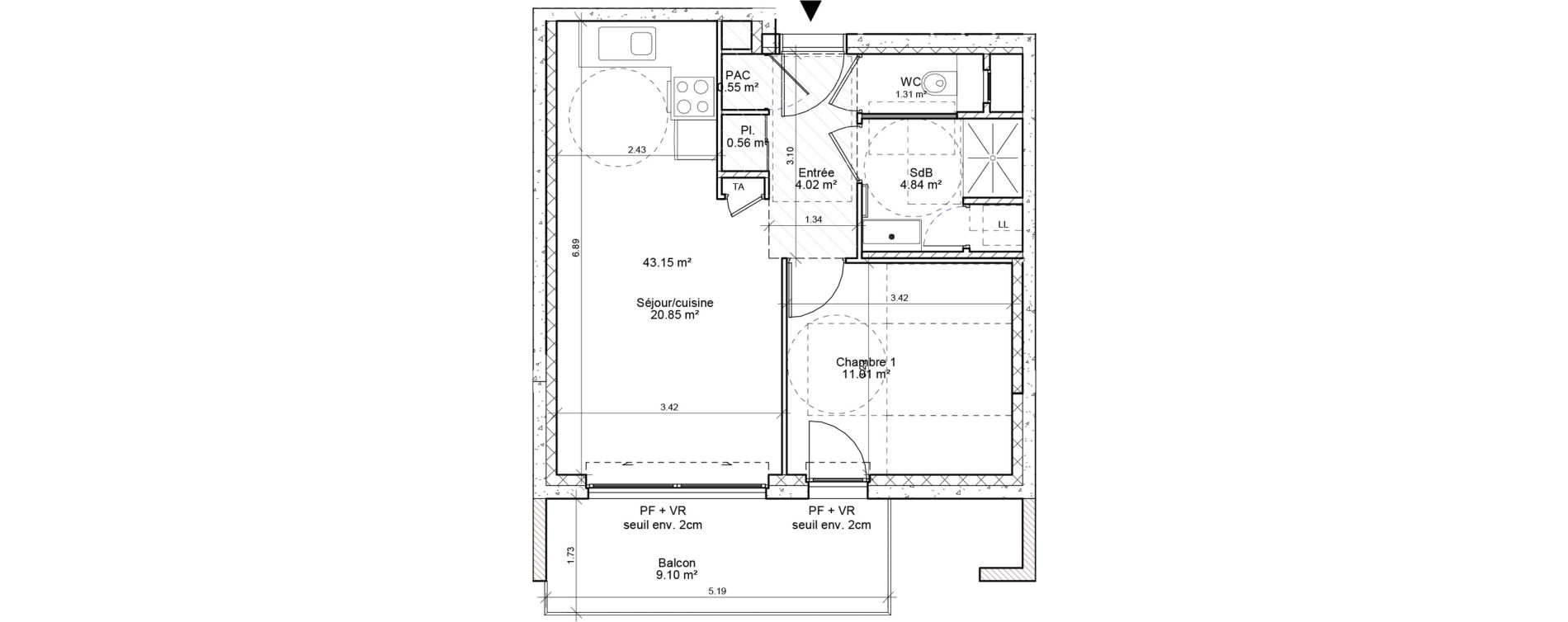Appartement T2 de 43,15 m2 &agrave; Vif Centre