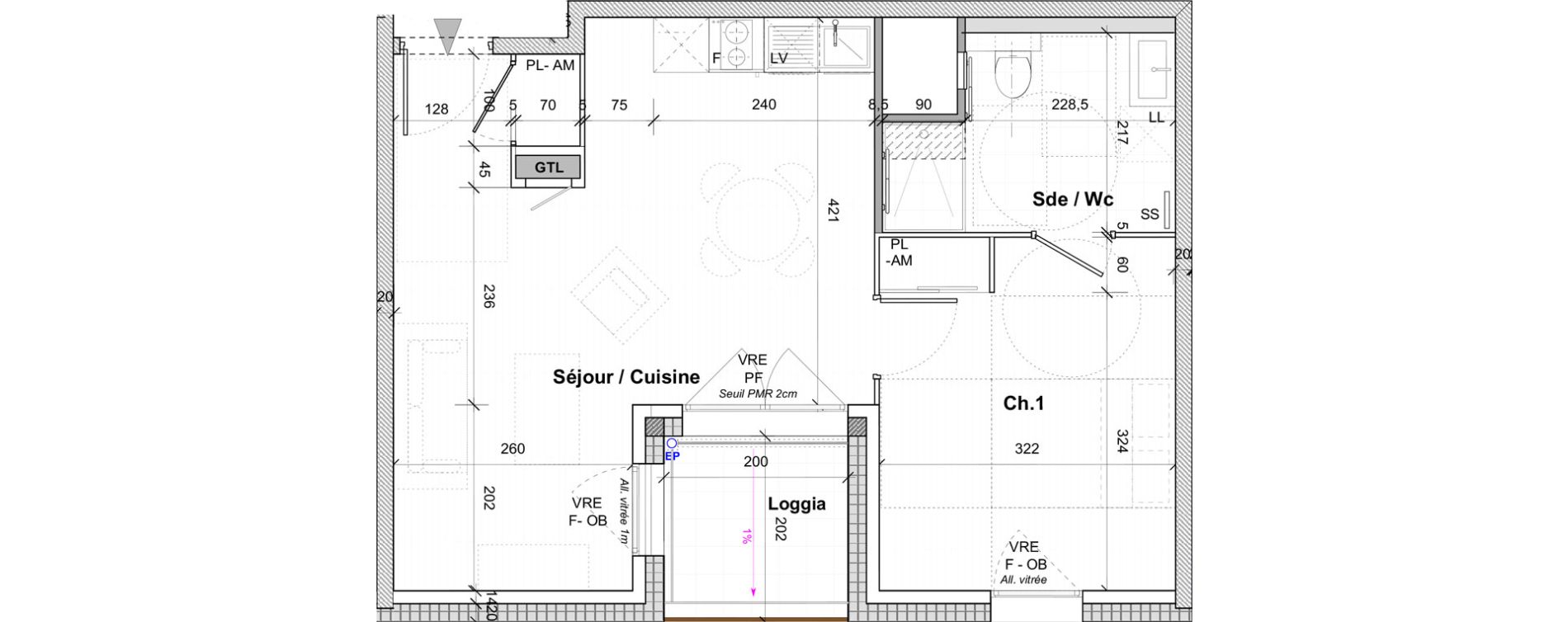 Appartement T2 de 44,30 m2 &agrave; Saint-&Eacute;tienne Centre deux