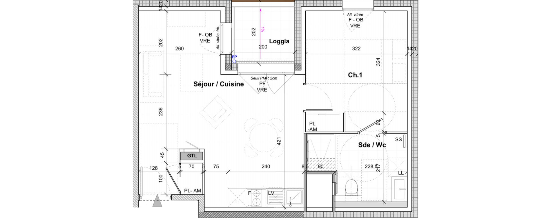 Appartement T2 de 44,30 m2 &agrave; Saint-&Eacute;tienne Centre deux