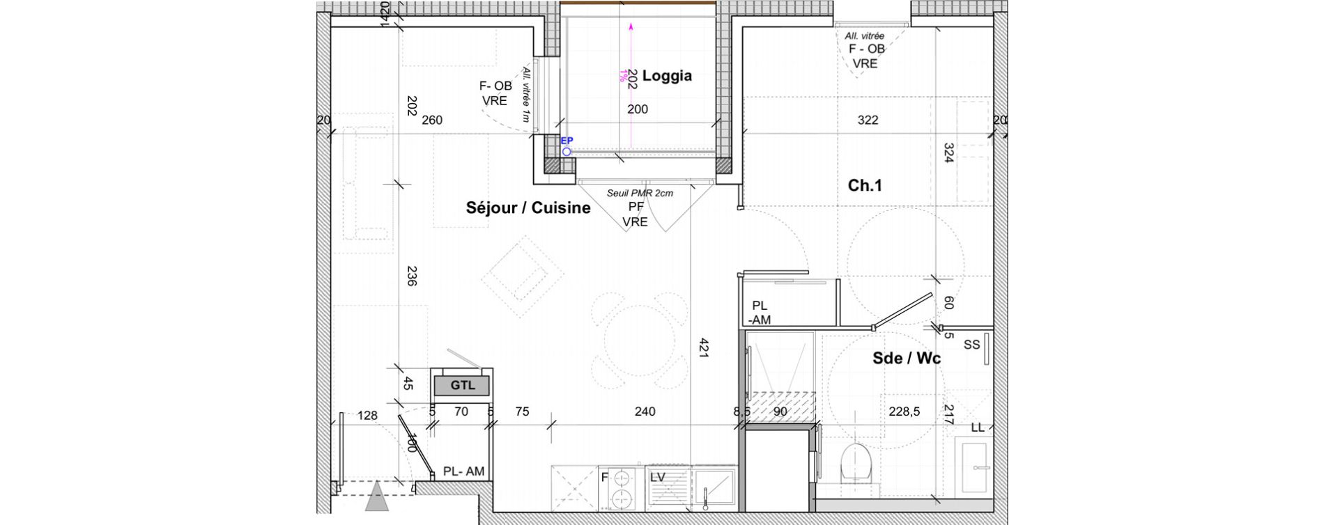 Appartement T2 de 44,30 m2 &agrave; Saint-&Eacute;tienne Centre deux