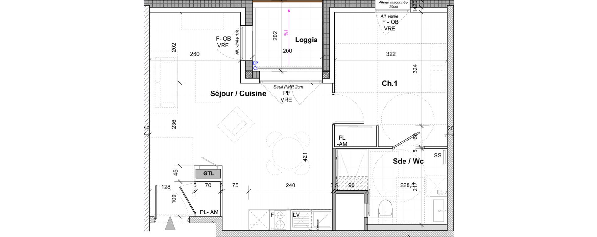 Appartement T2 de 44,30 m2 &agrave; Saint-&Eacute;tienne Centre deux