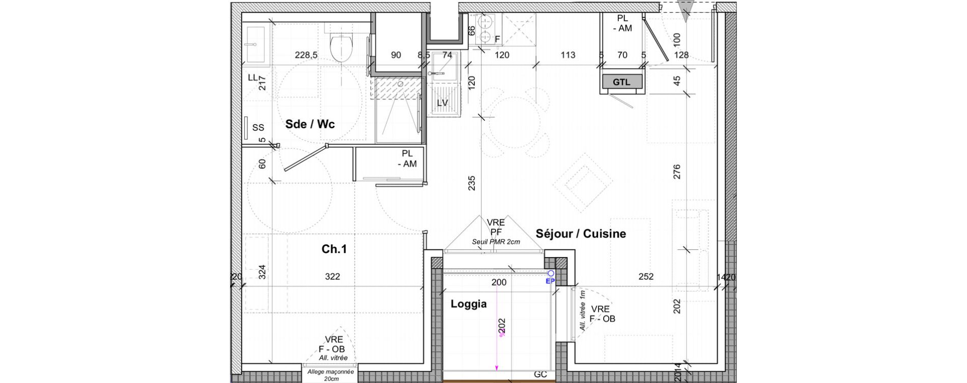 Appartement T2 de 44,20 m2 &agrave; Saint-&Eacute;tienne Centre deux