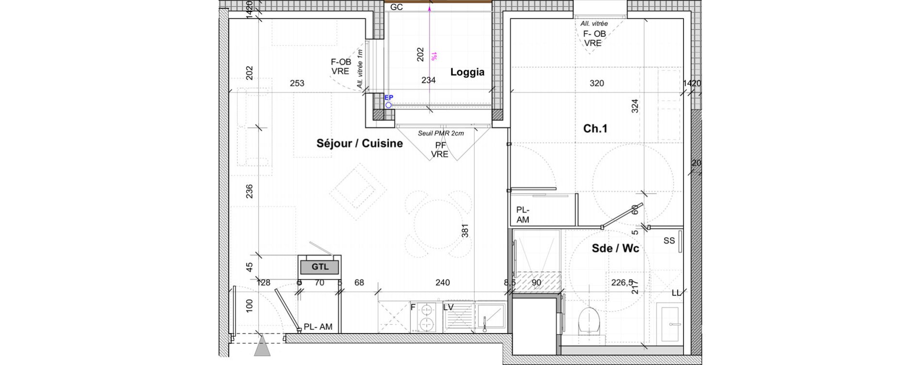 Appartement T2 de 42,70 m2 &agrave; Saint-&Eacute;tienne Centre deux