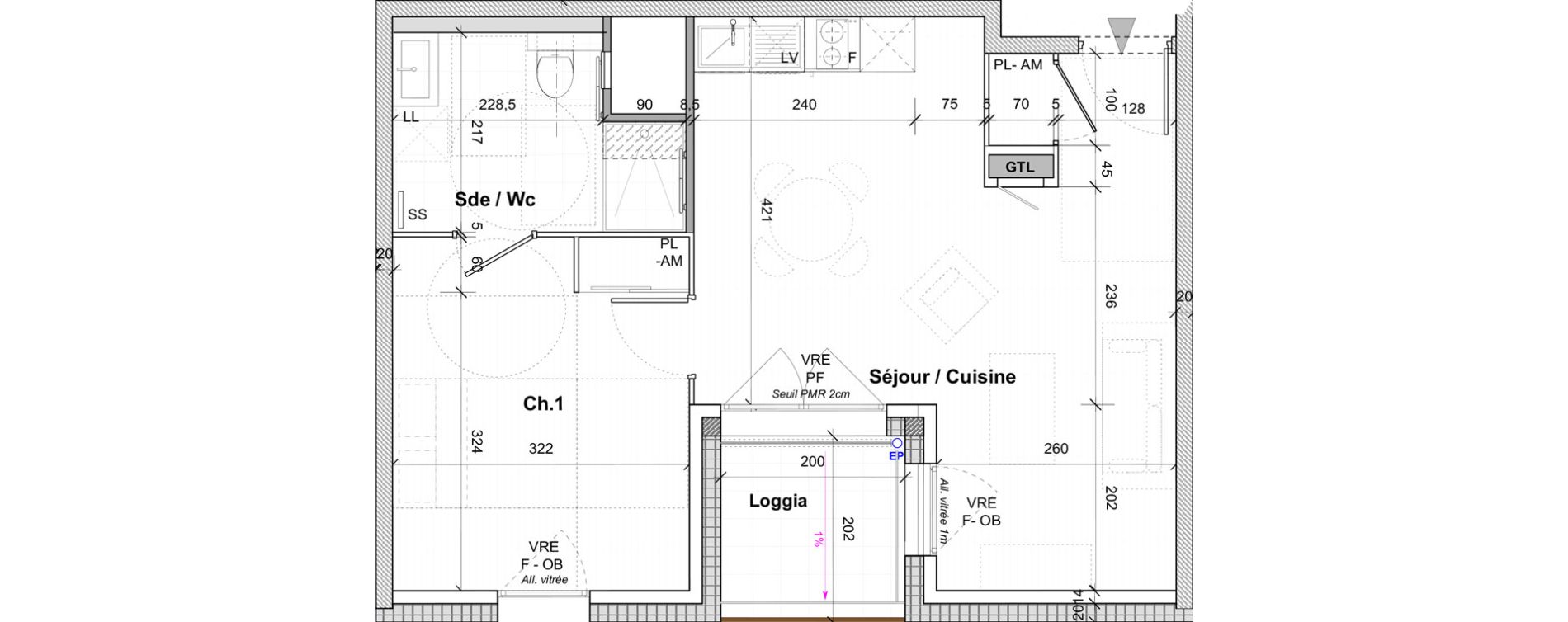 Appartement T2 de 44,30 m2 &agrave; Saint-&Eacute;tienne Centre deux