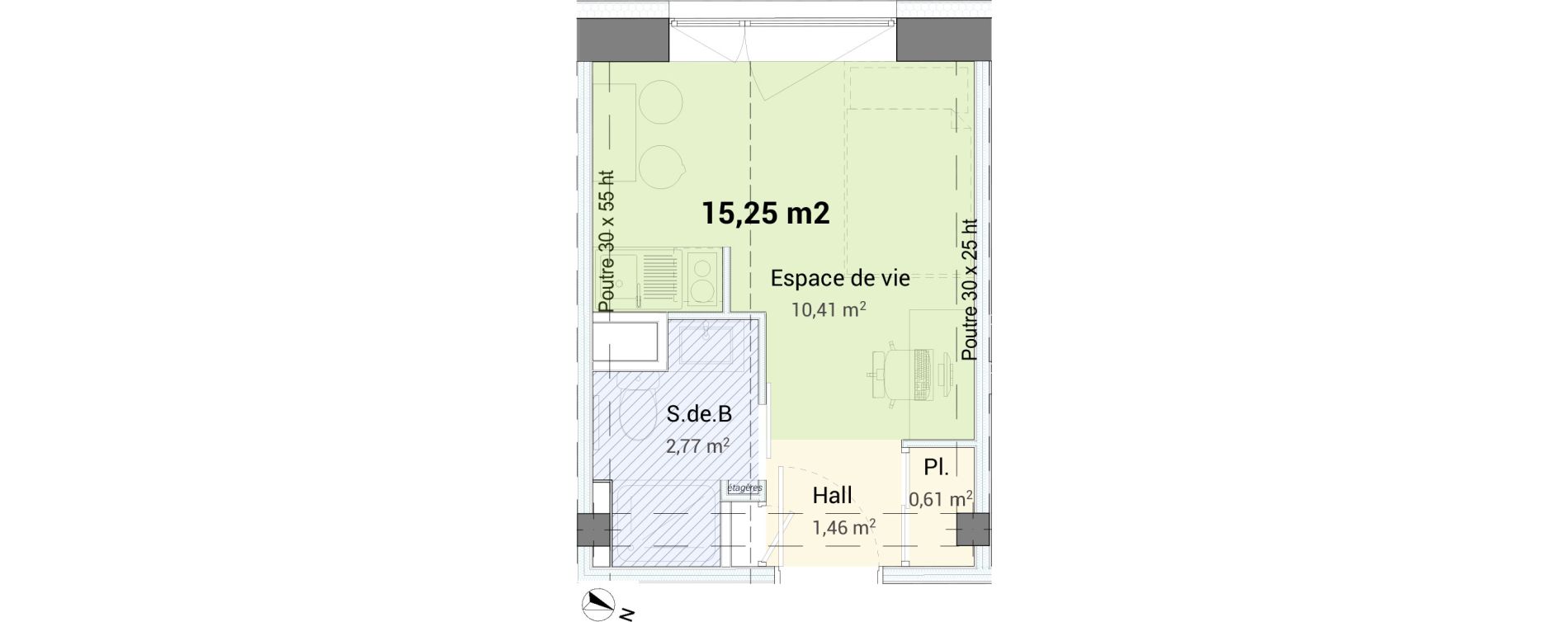 Studio de 15,25 m2 &agrave; Saint-&Eacute;tienne Centre deux