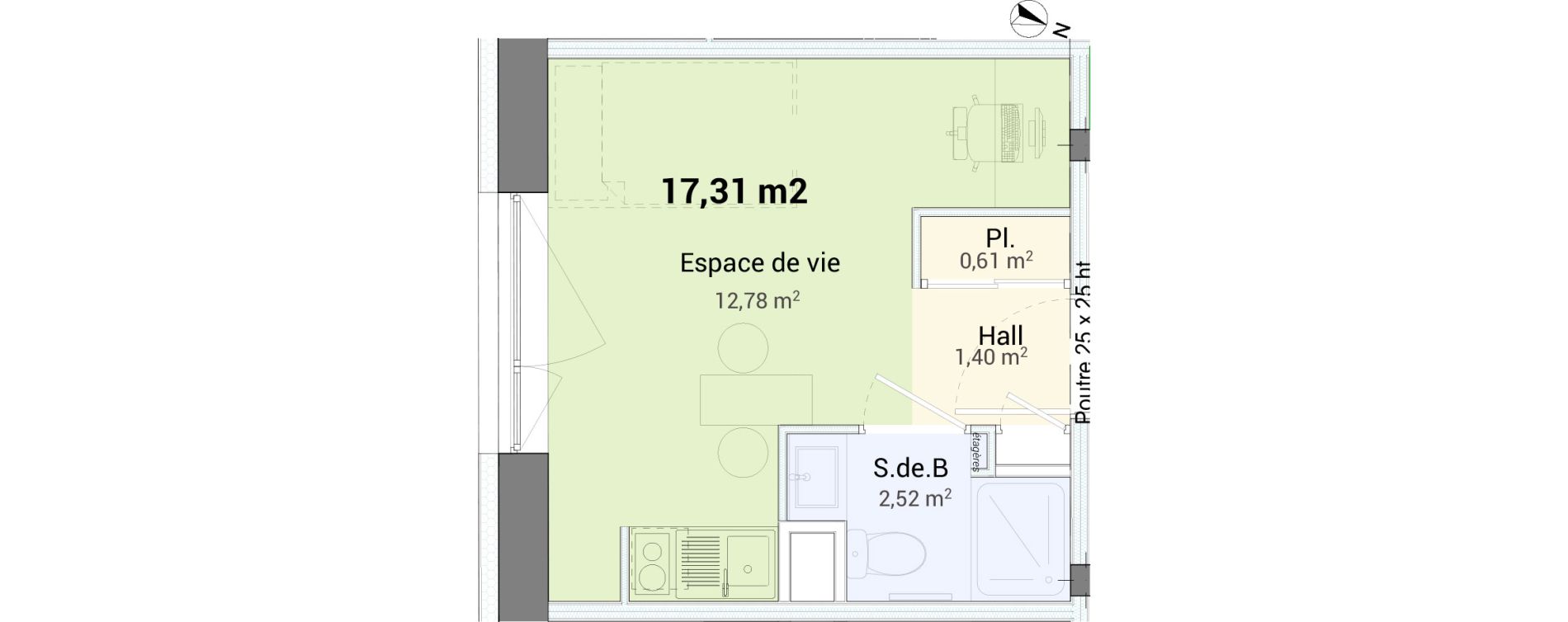 Studio de 17,31 m2 &agrave; Saint-&Eacute;tienne Centre deux