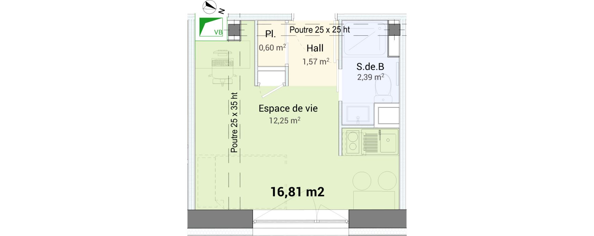 Studio de 16,81 m2 &agrave; Saint-&Eacute;tienne Centre deux