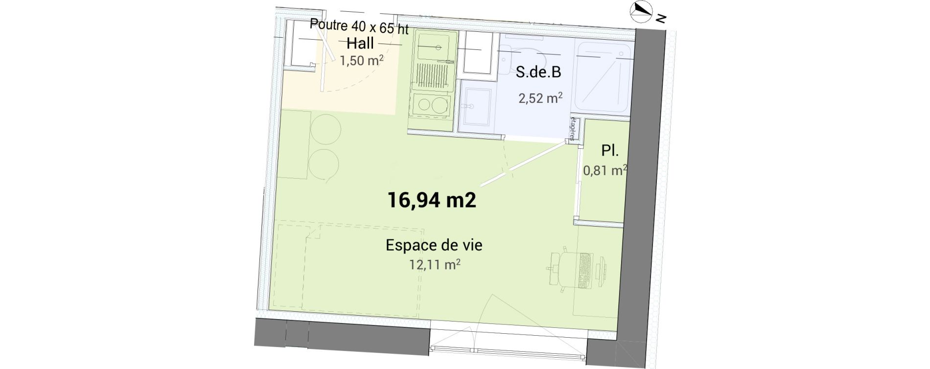 Studio de 16,94 m2 &agrave; Saint-&Eacute;tienne Centre deux