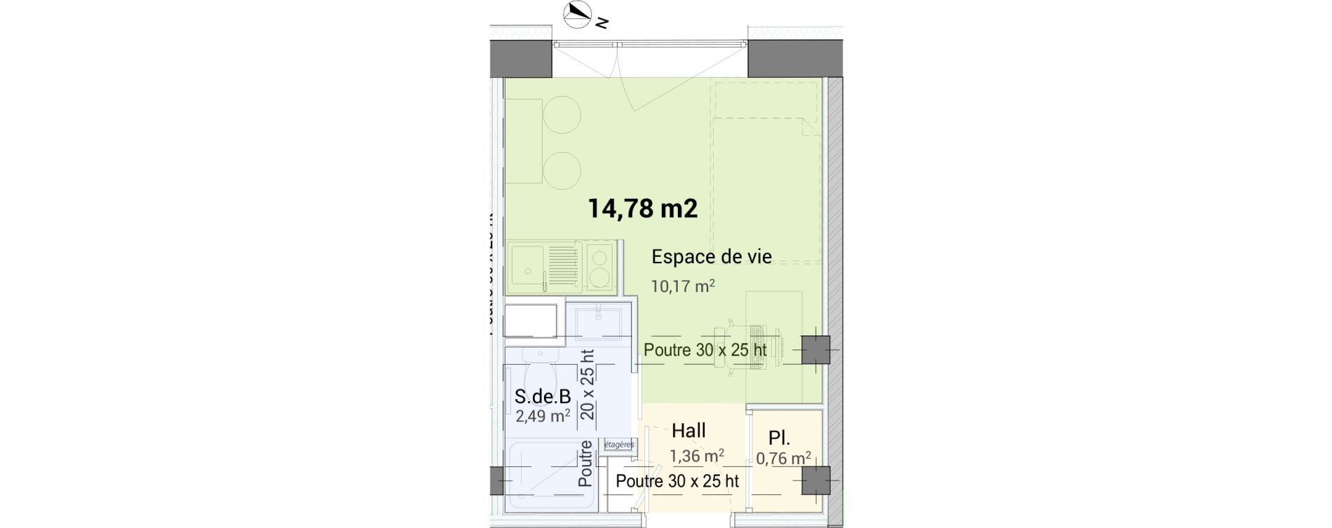 Studio de 14,78 m2 &agrave; Saint-&Eacute;tienne Centre deux