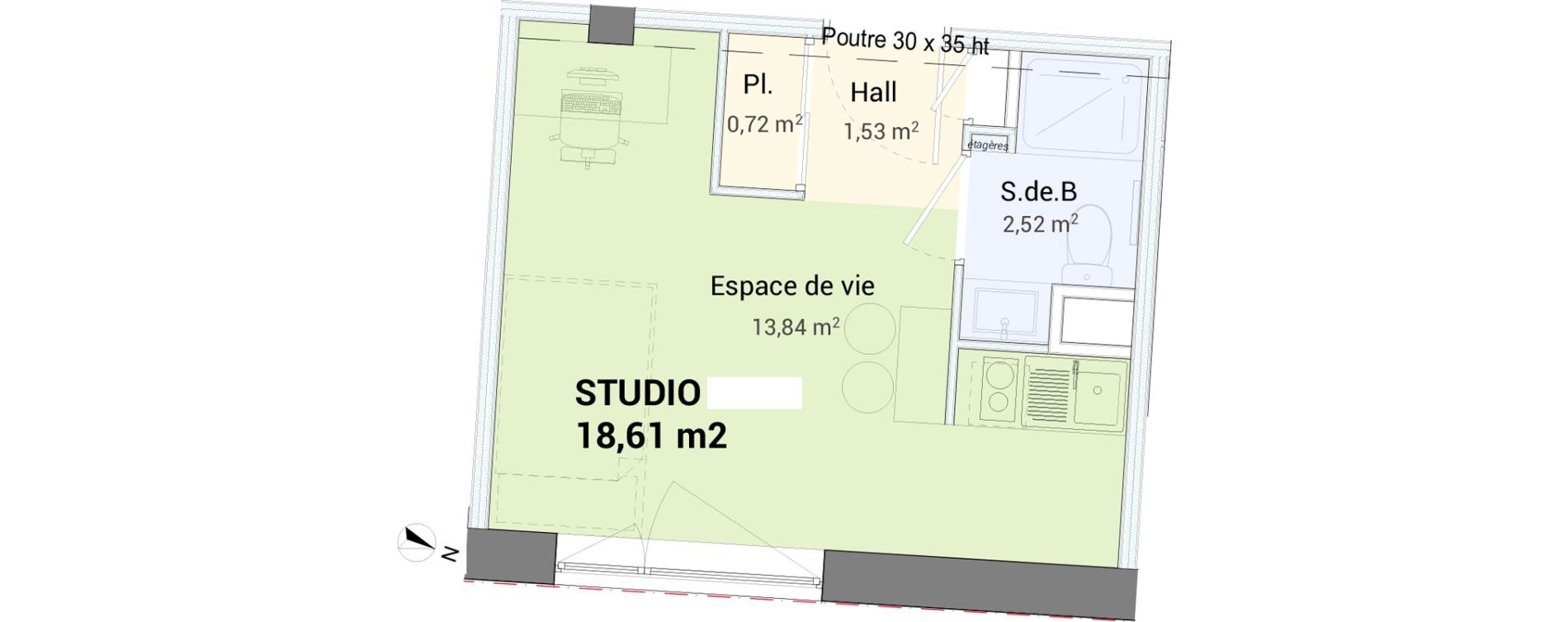Studio de 18,61 m2 &agrave; Saint-&Eacute;tienne Centre deux