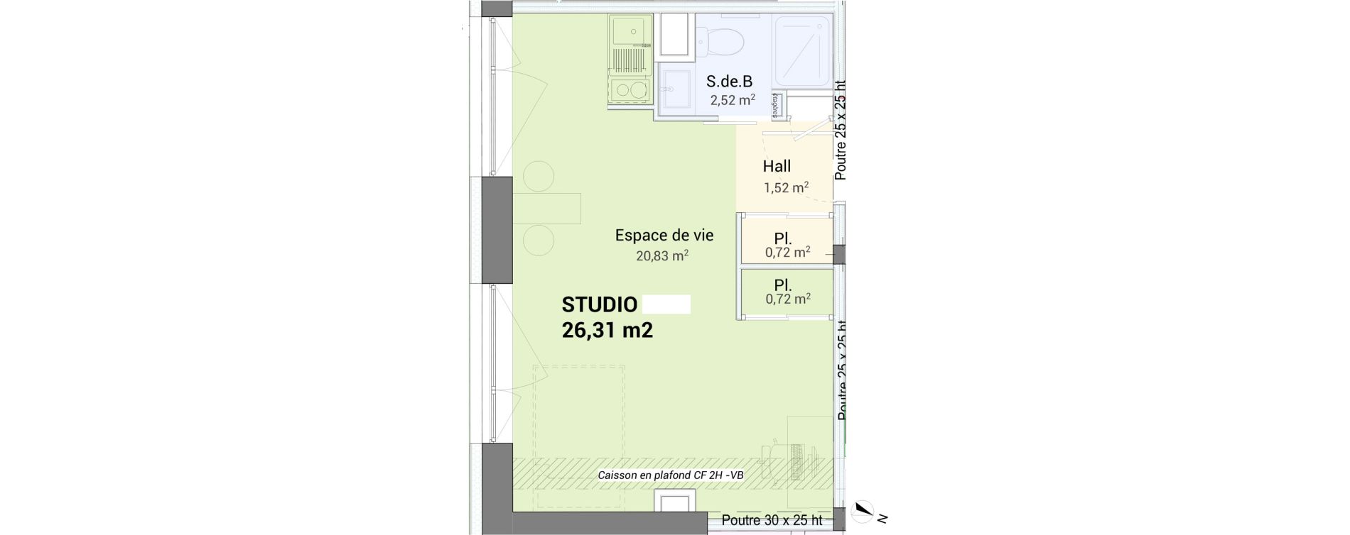 Studio de 26,31 m2 &agrave; Saint-&Eacute;tienne Centre deux