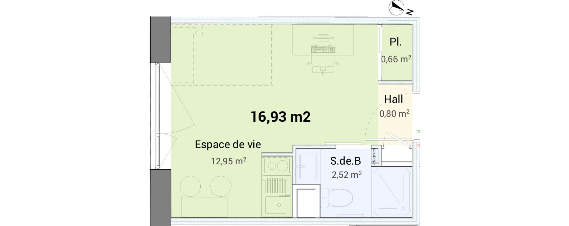 Studio de 16,93 m2 &agrave; Saint-&Eacute;tienne Centre deux