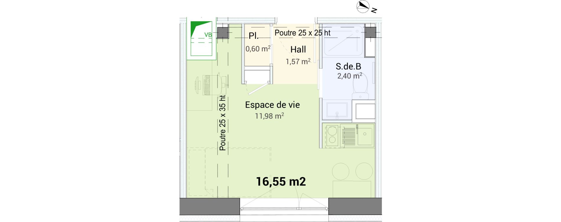 Studio de 16,55 m2 &agrave; Saint-&Eacute;tienne Centre deux