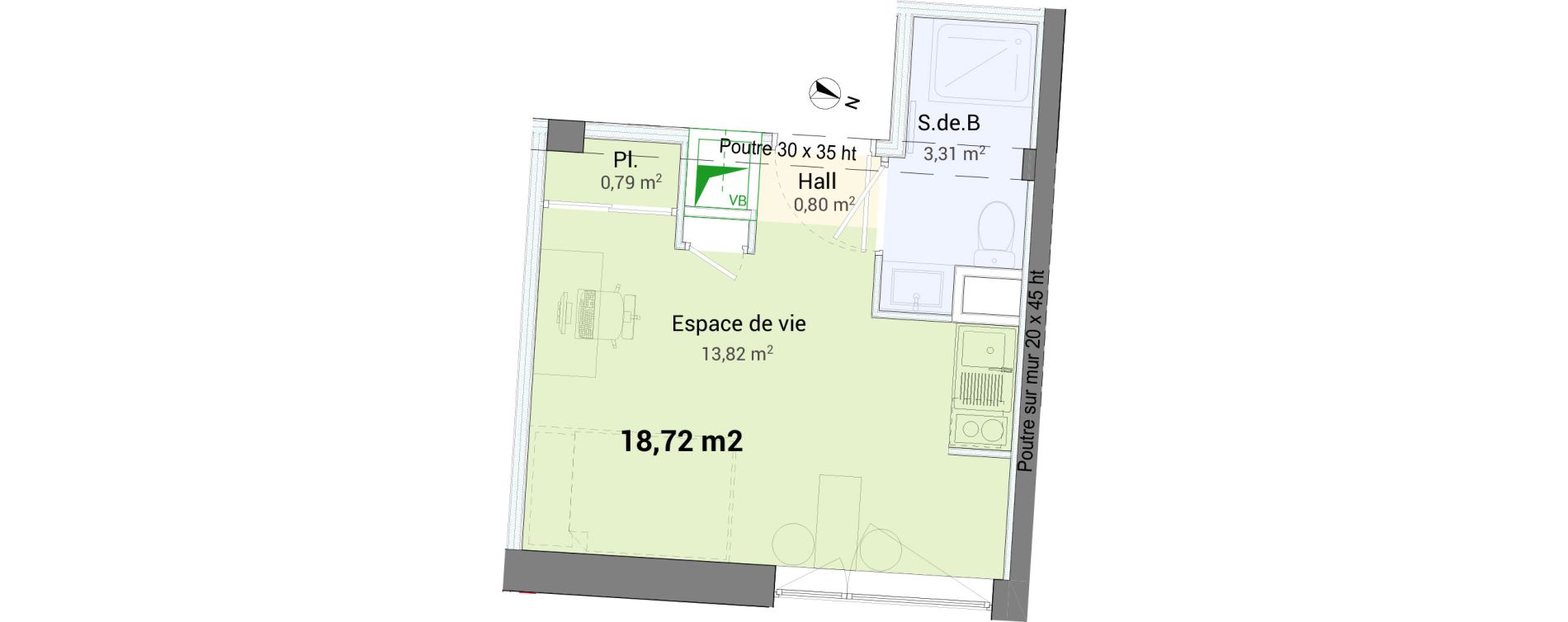 Studio de 18,72 m2 &agrave; Saint-&Eacute;tienne Centre deux