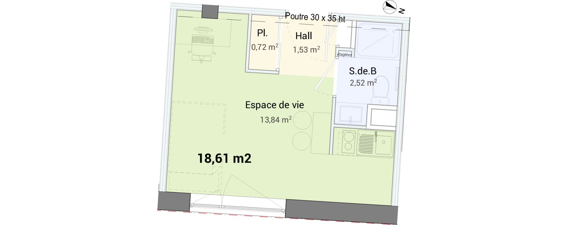 Studio de 18,61 m2 &agrave; Saint-&Eacute;tienne Centre deux