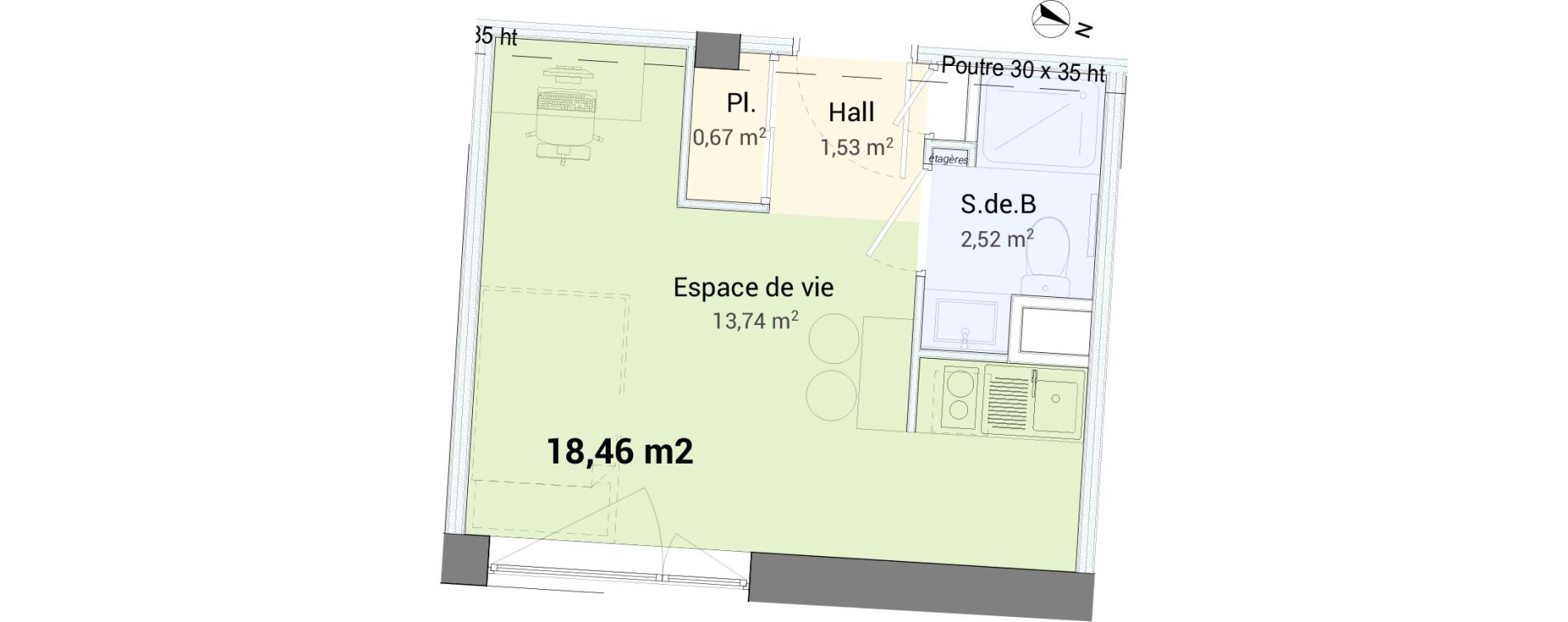 Studio de 18,46 m2 &agrave; Saint-&Eacute;tienne Centre deux