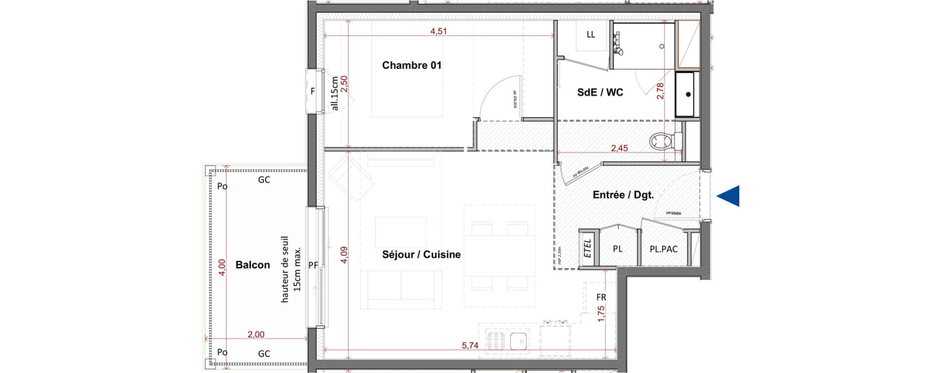 Appartement T2 de 44,05 m2 &agrave; C&eacute;bazat Centre