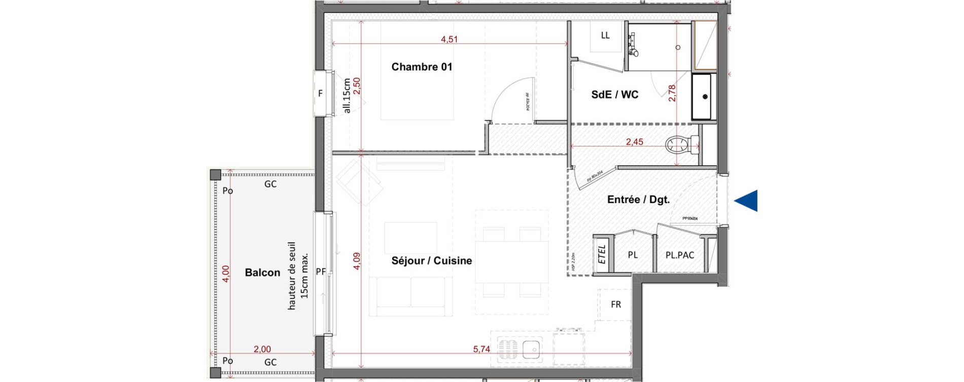 Appartement T2 de 44,05 m2 &agrave; C&eacute;bazat Centre