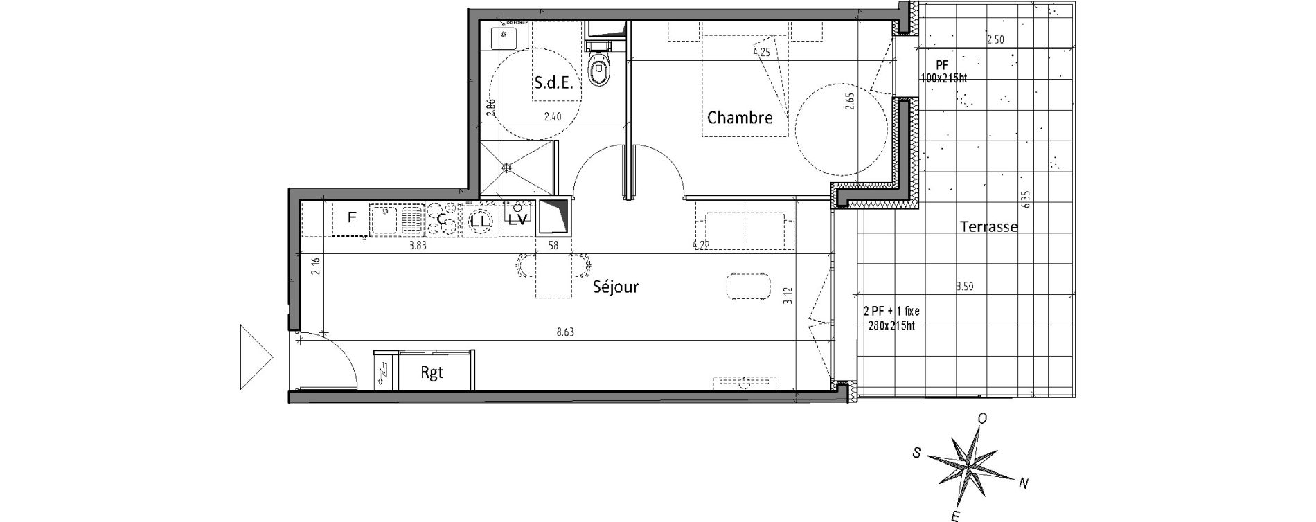 Appartement T2 de 44,68 m2 &agrave; Chamali&egrave;res Centre