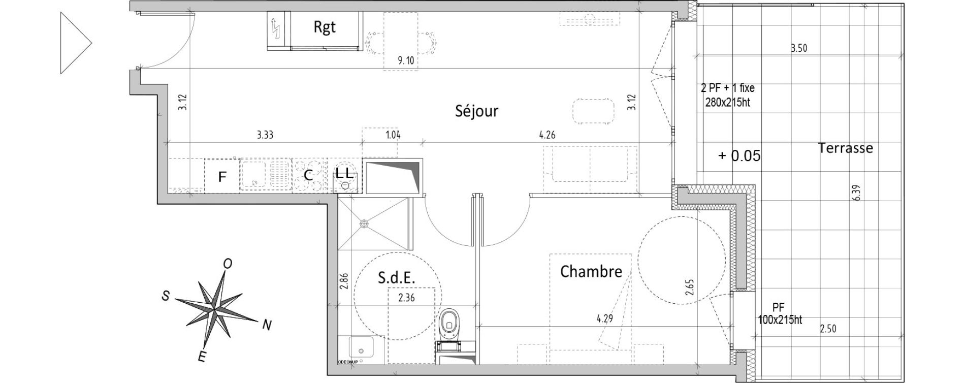 Appartement T2 de 45,06 m2 &agrave; Chamali&egrave;res Centre