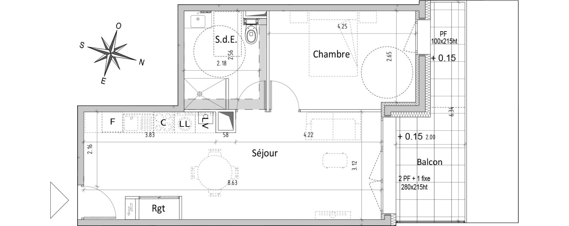 Appartement T2 de 44,68 m2 &agrave; Chamali&egrave;res Centre