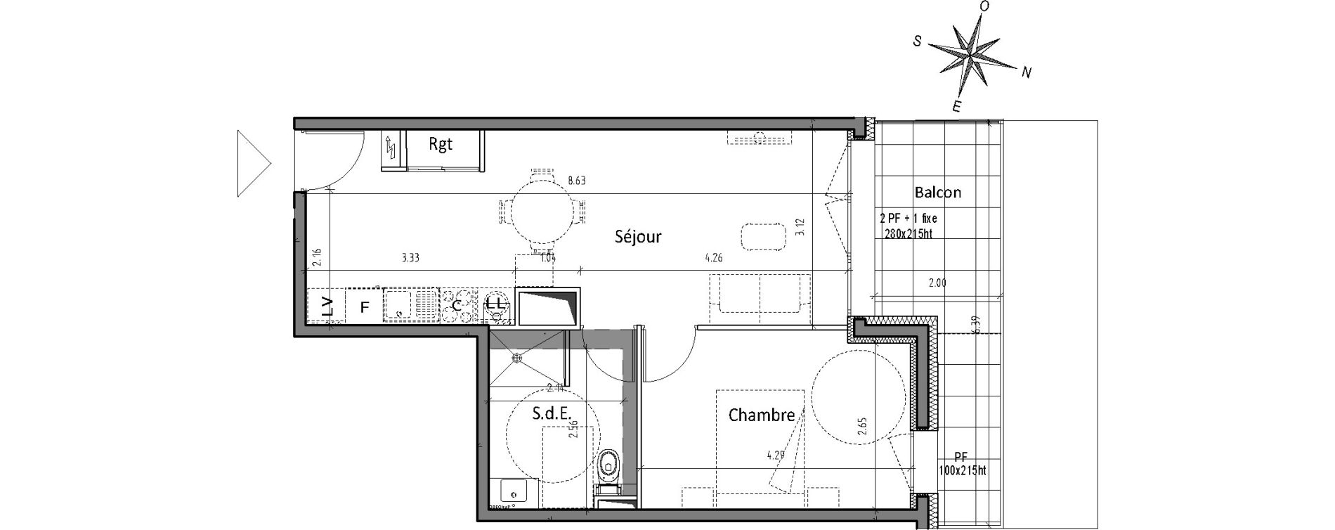 Appartement T2 de 44,48 m2 &agrave; Chamali&egrave;res Centre