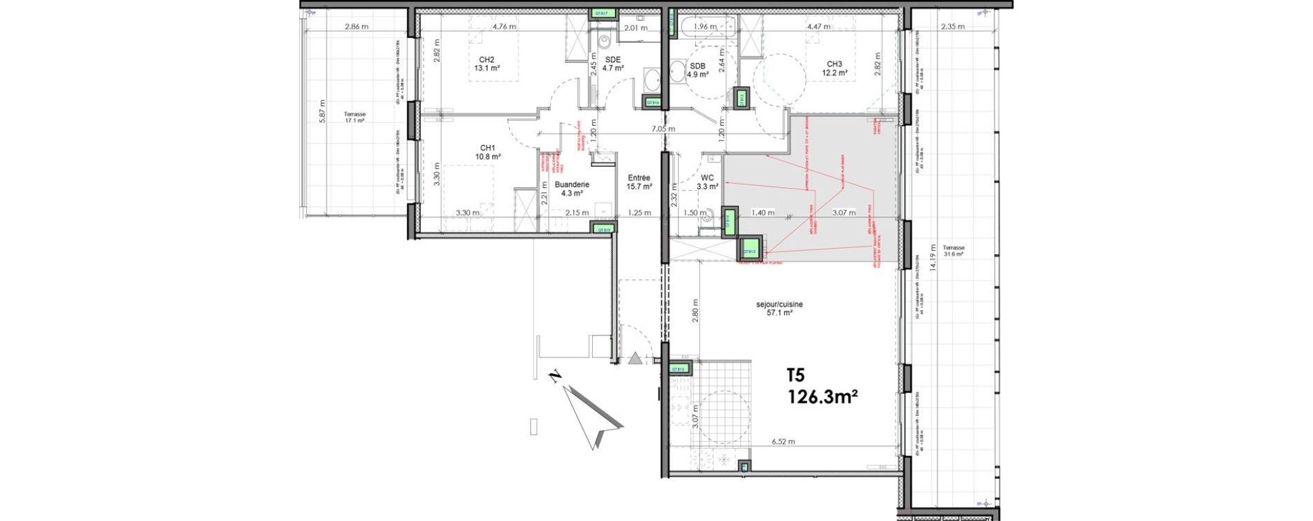 Appartement T5 de 126,30 m2 &agrave; Chamali&egrave;res Centre