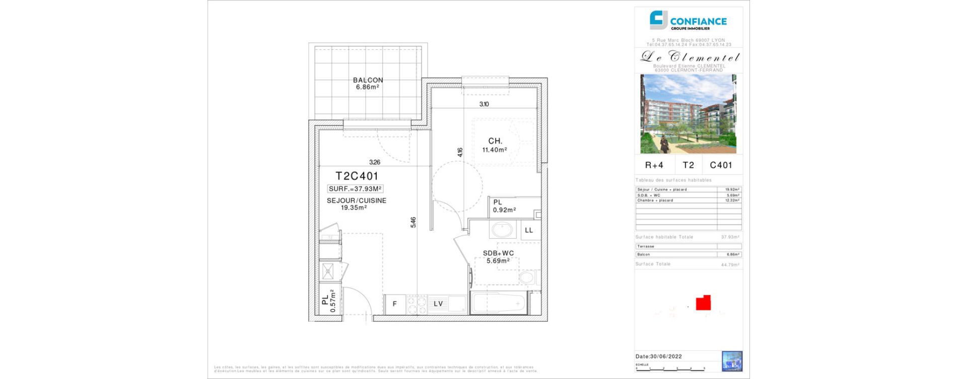 Appartement T2 de 37,93 m2 &agrave; Clermont-Ferrand Champratel
