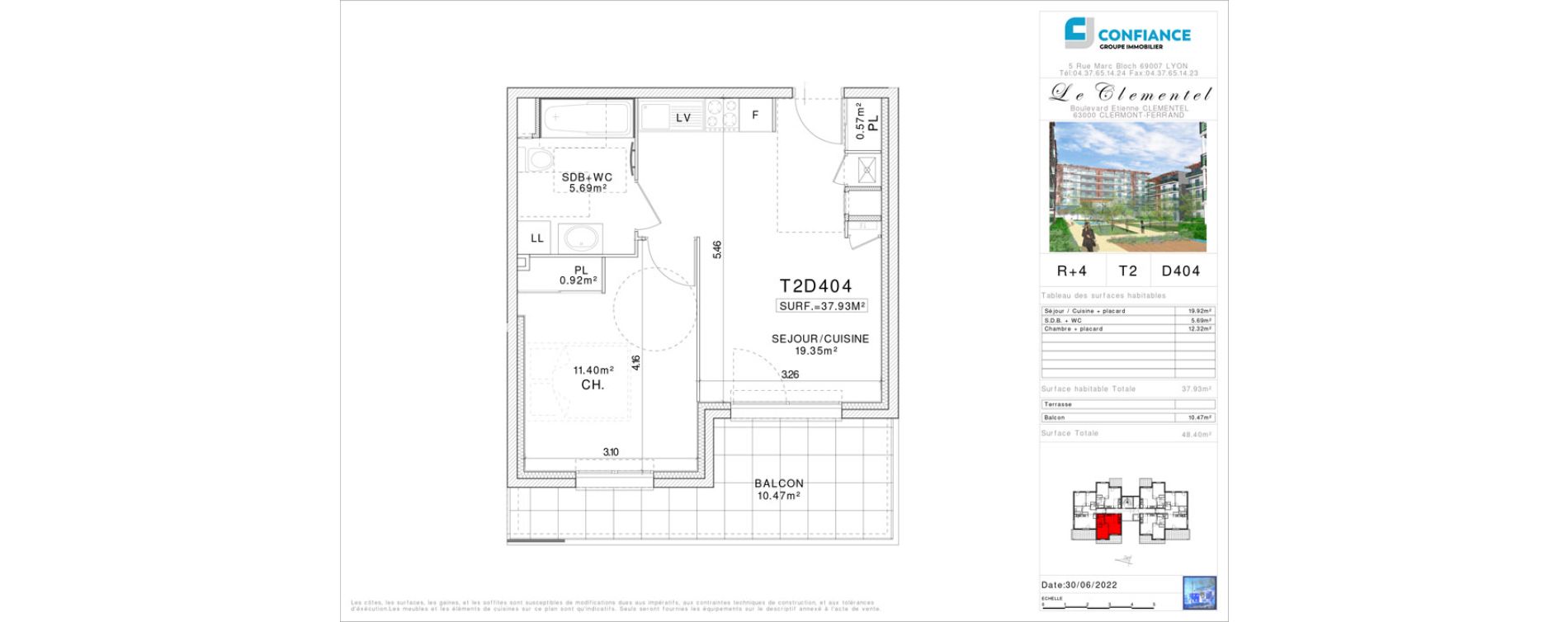 Appartement T2 de 37,93 m2 &agrave; Clermont-Ferrand Champratel