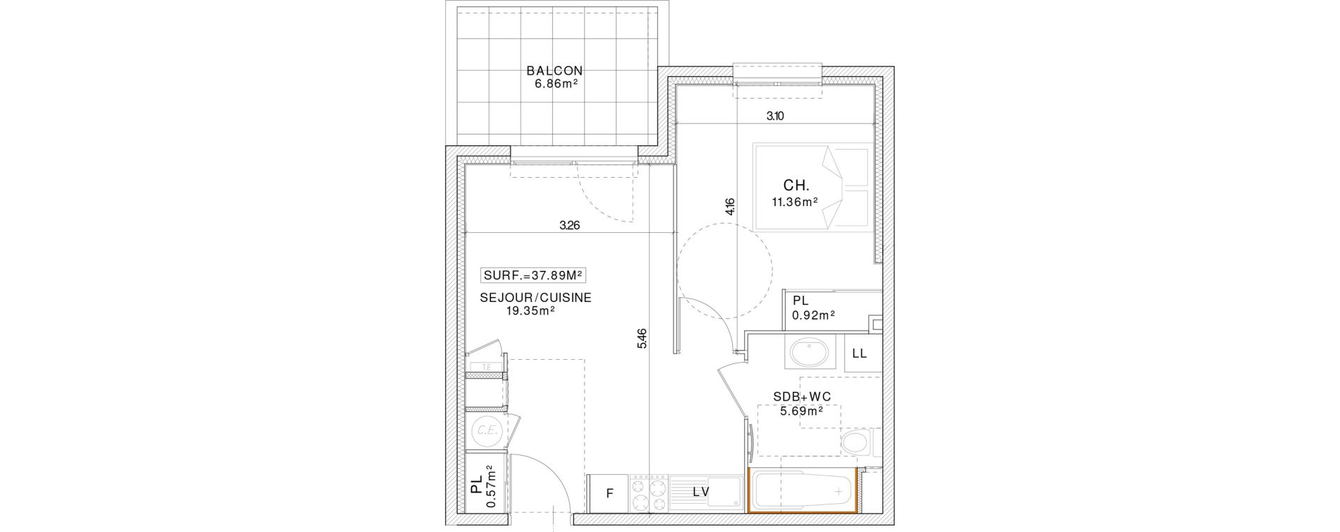 Appartement T2 de 37,89 m2 &agrave; Clermont-Ferrand Champratel