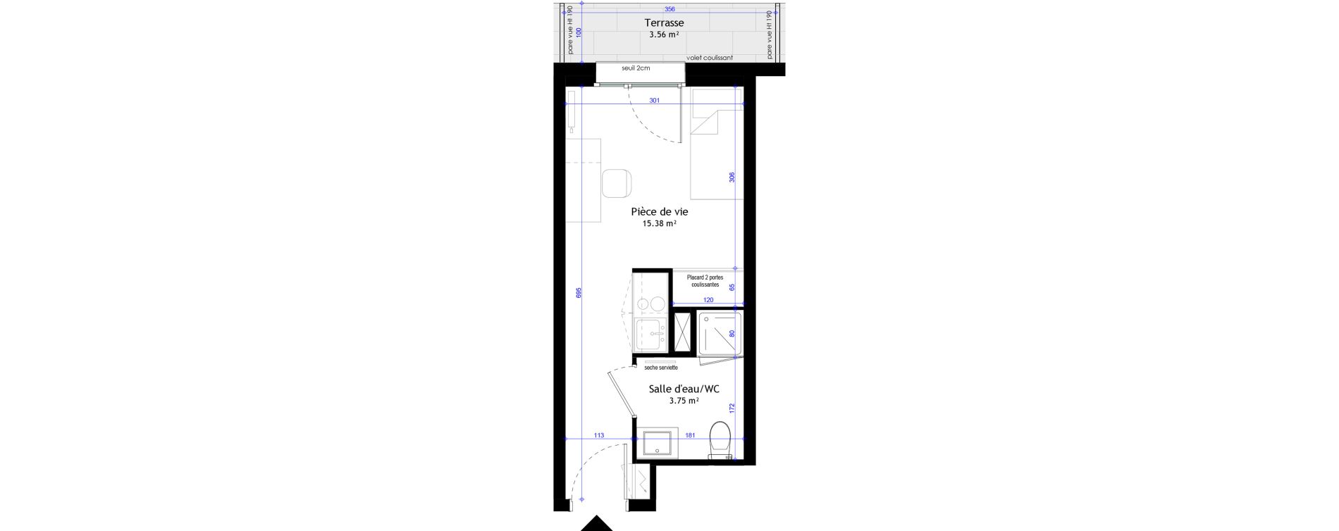 Appartement T1 meubl&eacute; de 19,13 m2 &agrave; Clermont-Ferrand L&eacute;on blum - la raye dieu