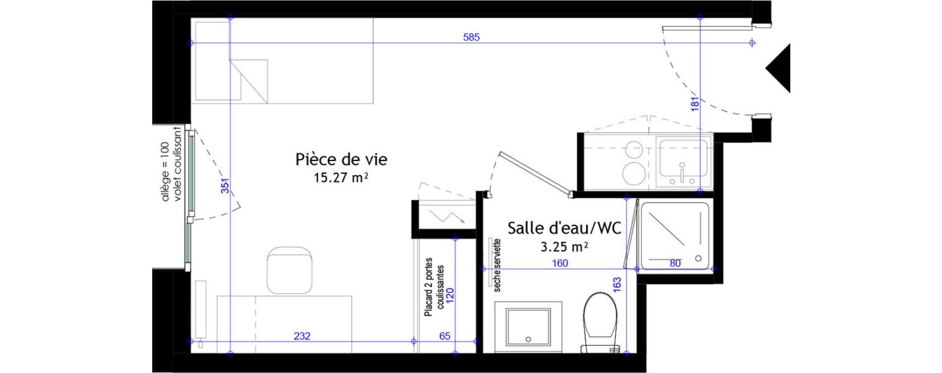 Appartement T1 meubl&eacute; de 18,52 m2 &agrave; Clermont-Ferrand L&eacute;on blum - la raye dieu