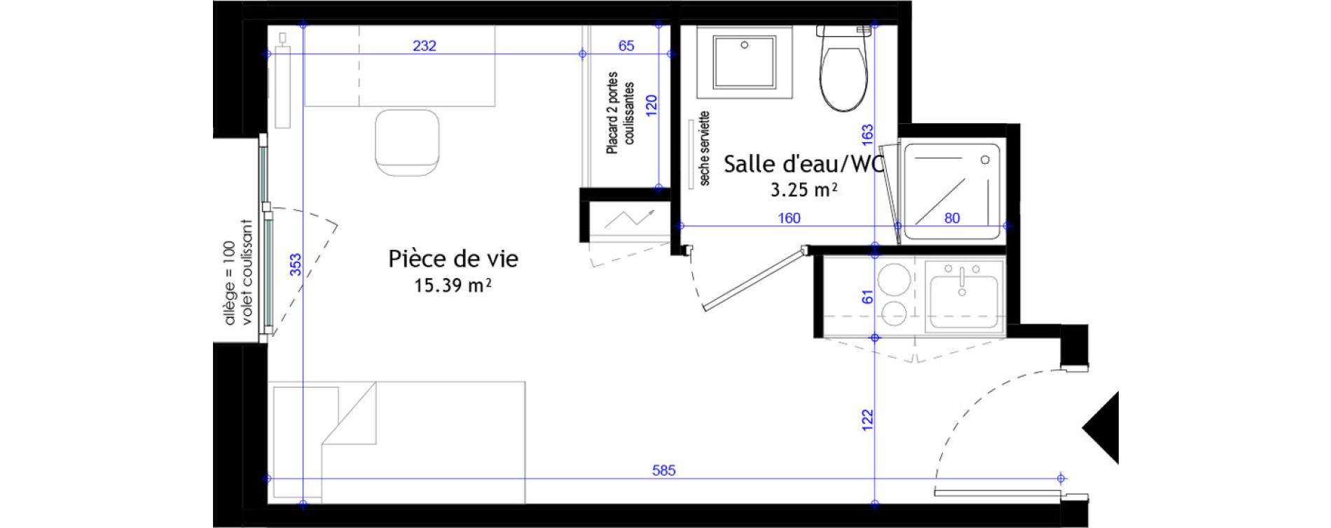 Appartement T1 meubl&eacute; de 18,64 m2 &agrave; Clermont-Ferrand L&eacute;on blum - la raye dieu