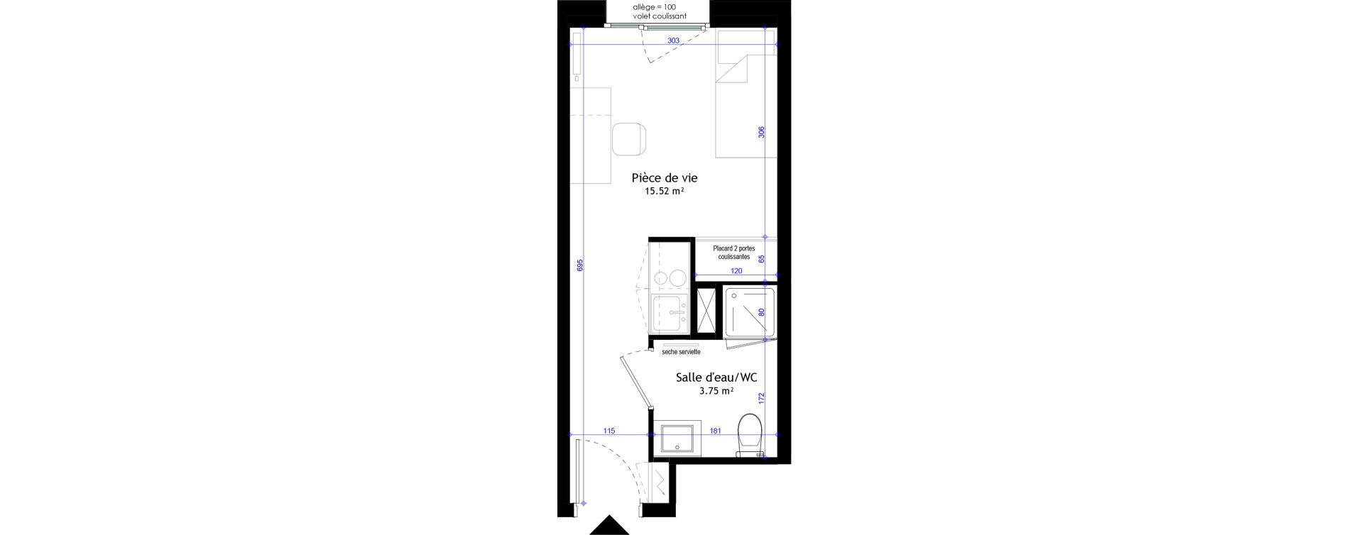 Appartement T1 meubl&eacute; de 19,27 m2 &agrave; Clermont-Ferrand L&eacute;on blum - la raye dieu