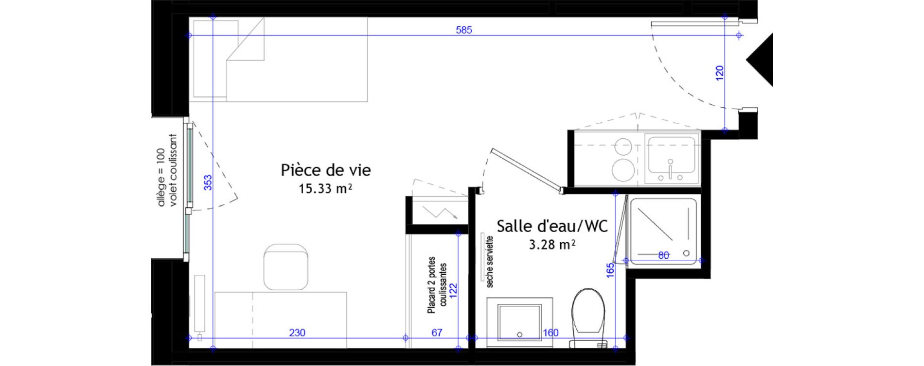 Appartement T1 meubl&eacute; de 18,61 m2 &agrave; Clermont-Ferrand L&eacute;on blum - la raye dieu