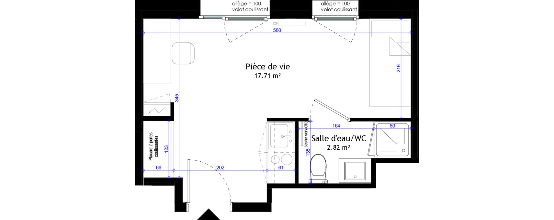 Appartement T1 meubl&eacute; de 20,53 m2 &agrave; Clermont-Ferrand L&eacute;on blum - la raye dieu