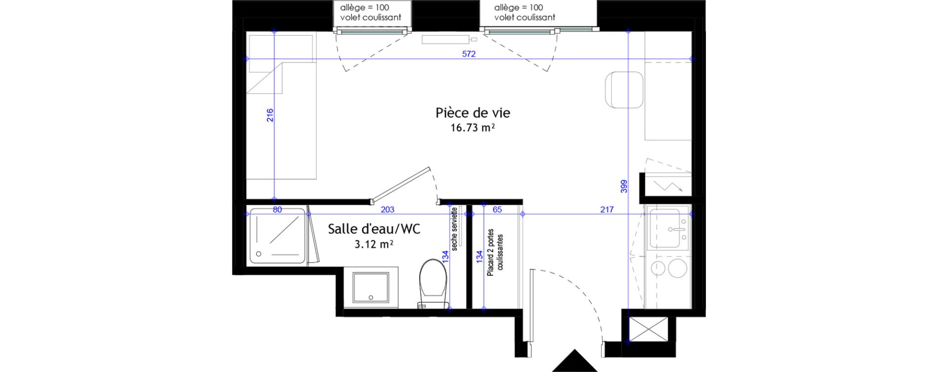 Appartement T1 meubl&eacute; de 19,85 m2 &agrave; Clermont-Ferrand L&eacute;on blum - la raye dieu