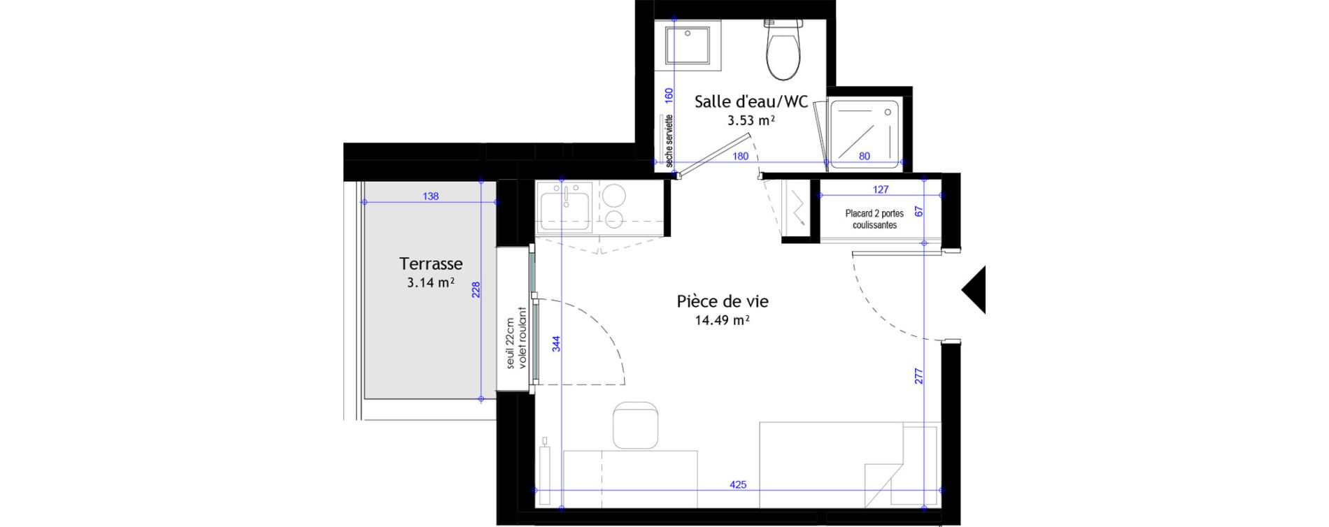 Appartement T1 meubl&eacute; de 18,02 m2 &agrave; Clermont-Ferrand L&eacute;on blum - la raye dieu