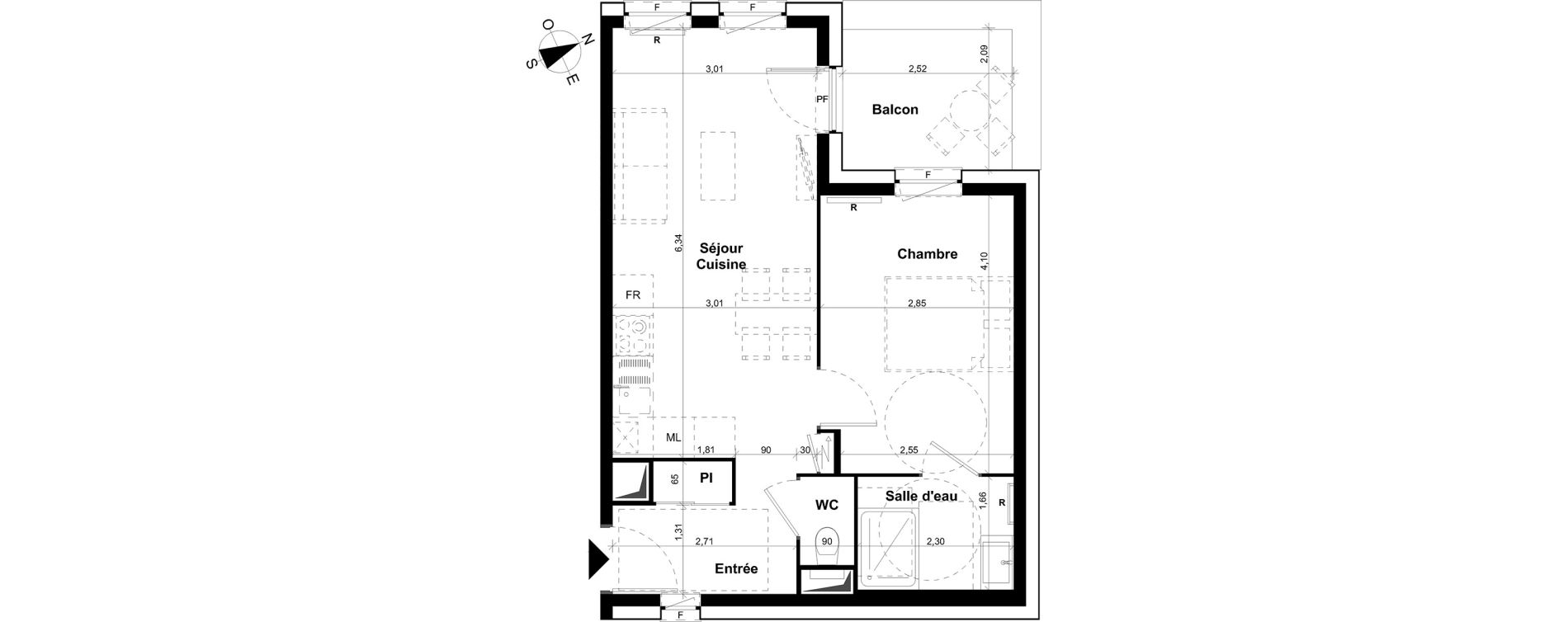 Appartement T2 de 40,40 m2 &agrave; Clermont-Ferrand Les salins