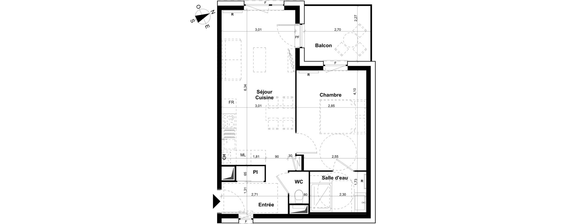 Appartement T2 de 40,40 m2 &agrave; Clermont-Ferrand Les salins