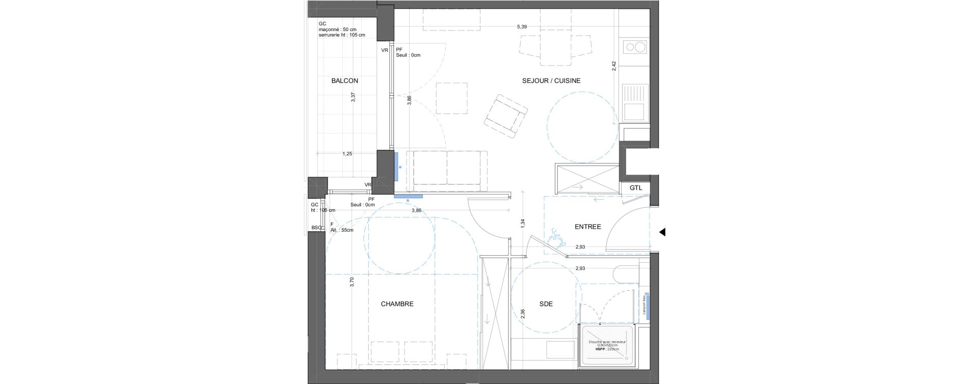 Appartement T2 meubl&eacute; de 44,55 m2 &agrave; Bron Gendarmerie - garenne