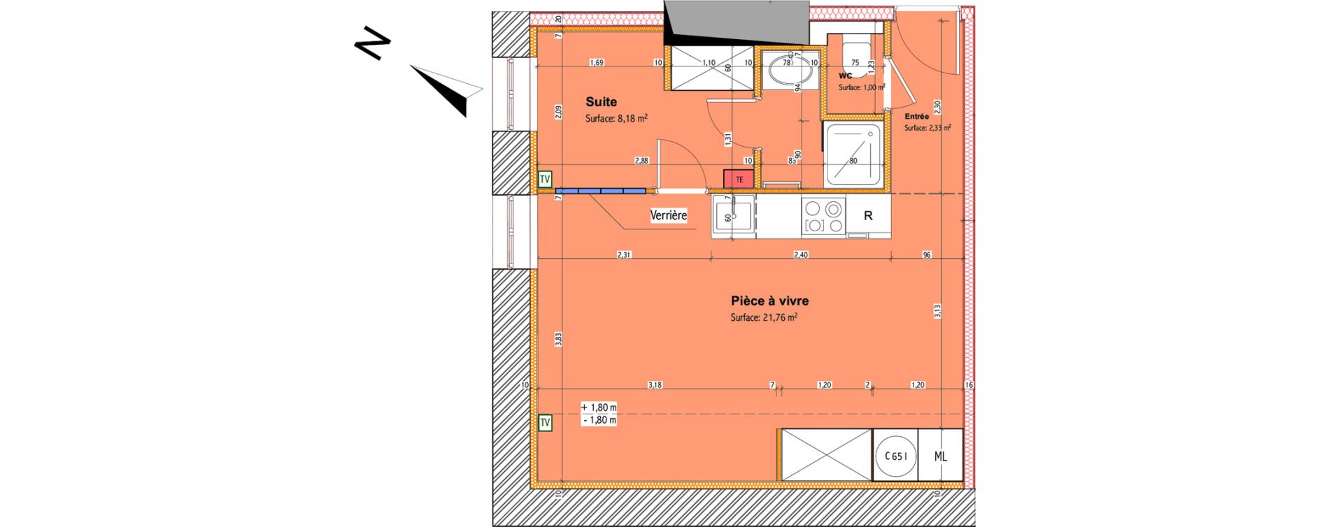 Appartement T2 de 28,17 m2 &agrave; La Tour-De-Salvagny Centre