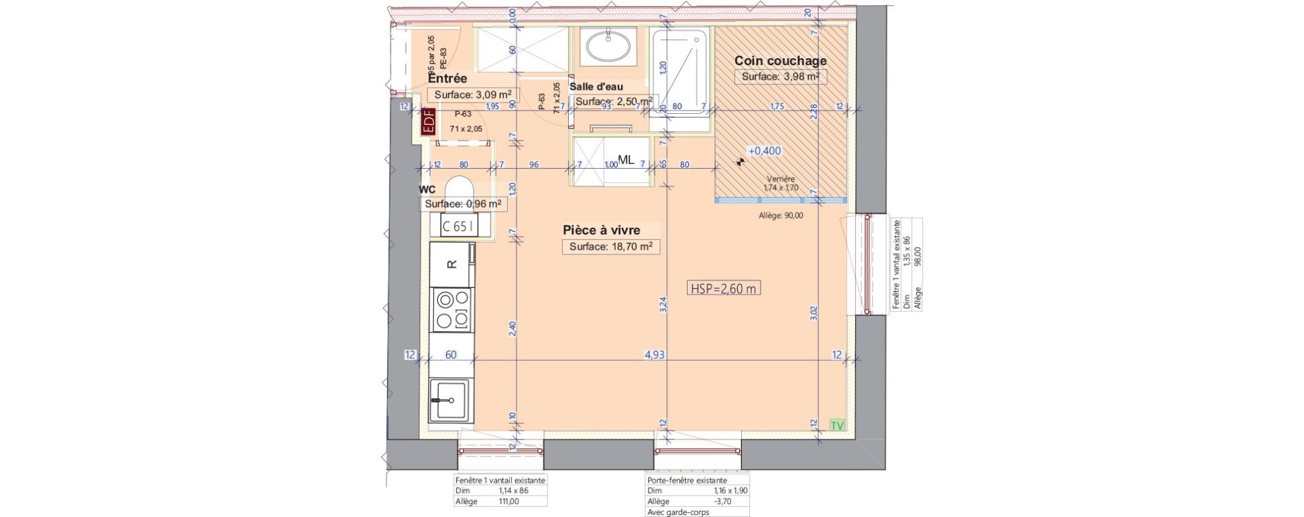 Appartement T1 bis de 29,23 m2 &agrave; La Tour-De-Salvagny Centre