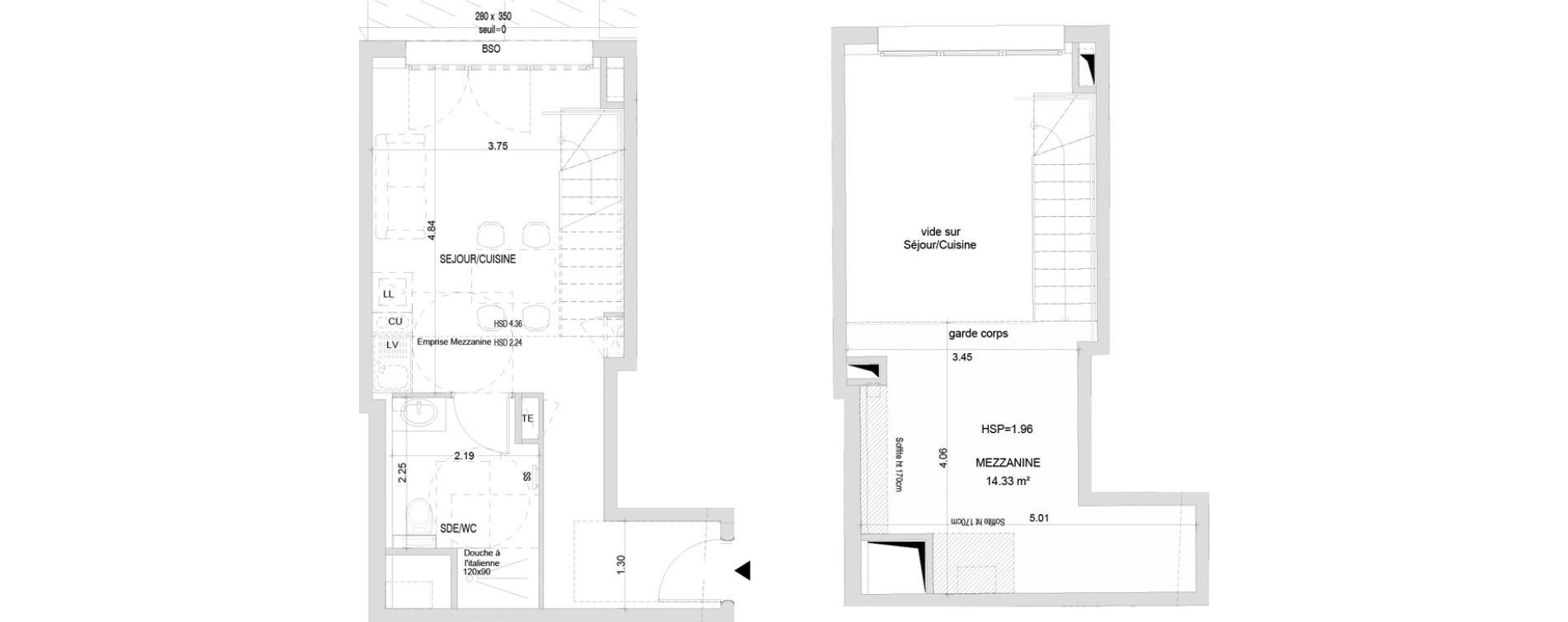 Duplex T1 de 40,52 m2 &agrave; Lyon Yves farges (7eme)