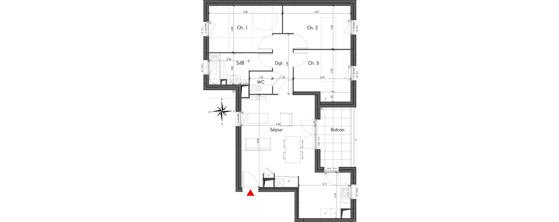 Appartement T4 de 74,45 m2 &agrave; Lyon Bataille (8eme)