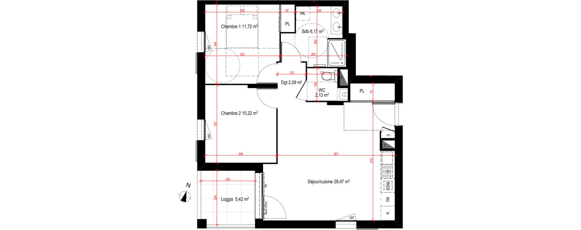 Appartement T3 de 60,80 m2 &agrave; Lyon Blandan (7eme)