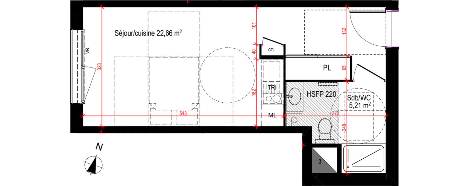 Appartement T1 de 27,87 m2 &agrave; Lyon Blandan (7eme)