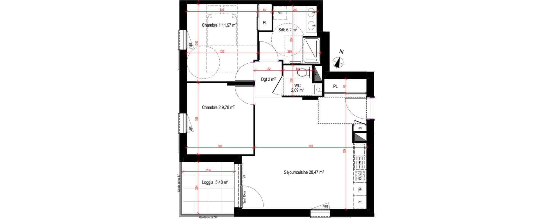 Appartement T3 de 60,51 m2 &agrave; Lyon Blandan (7eme)