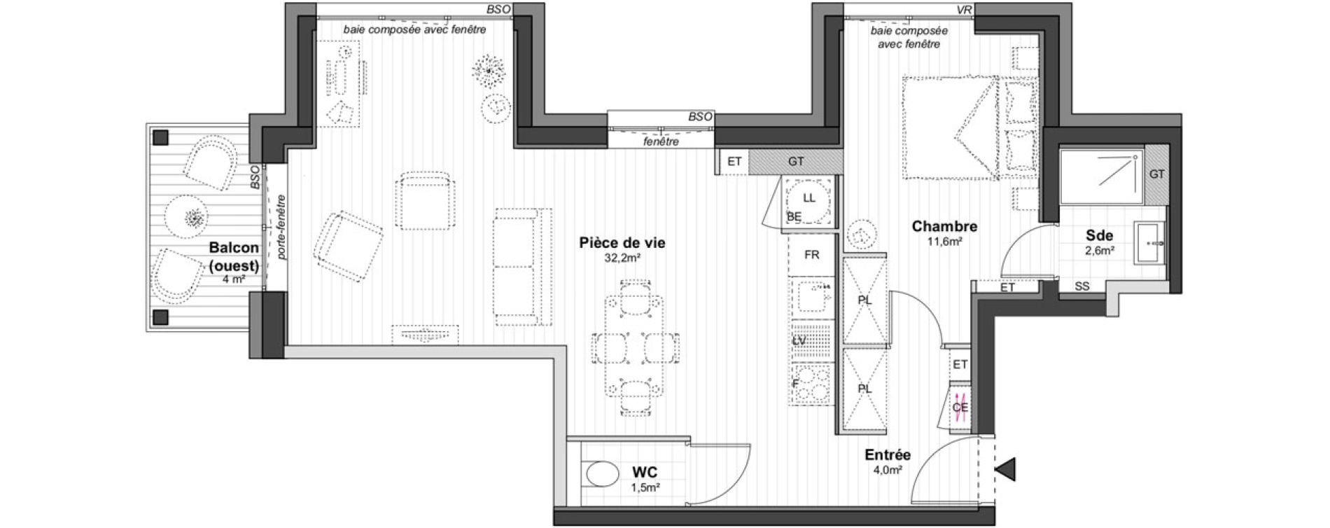 Appartement T2 de 51,90 m2 &agrave; Lyon Jean-jaur&egrave;s (7eme)