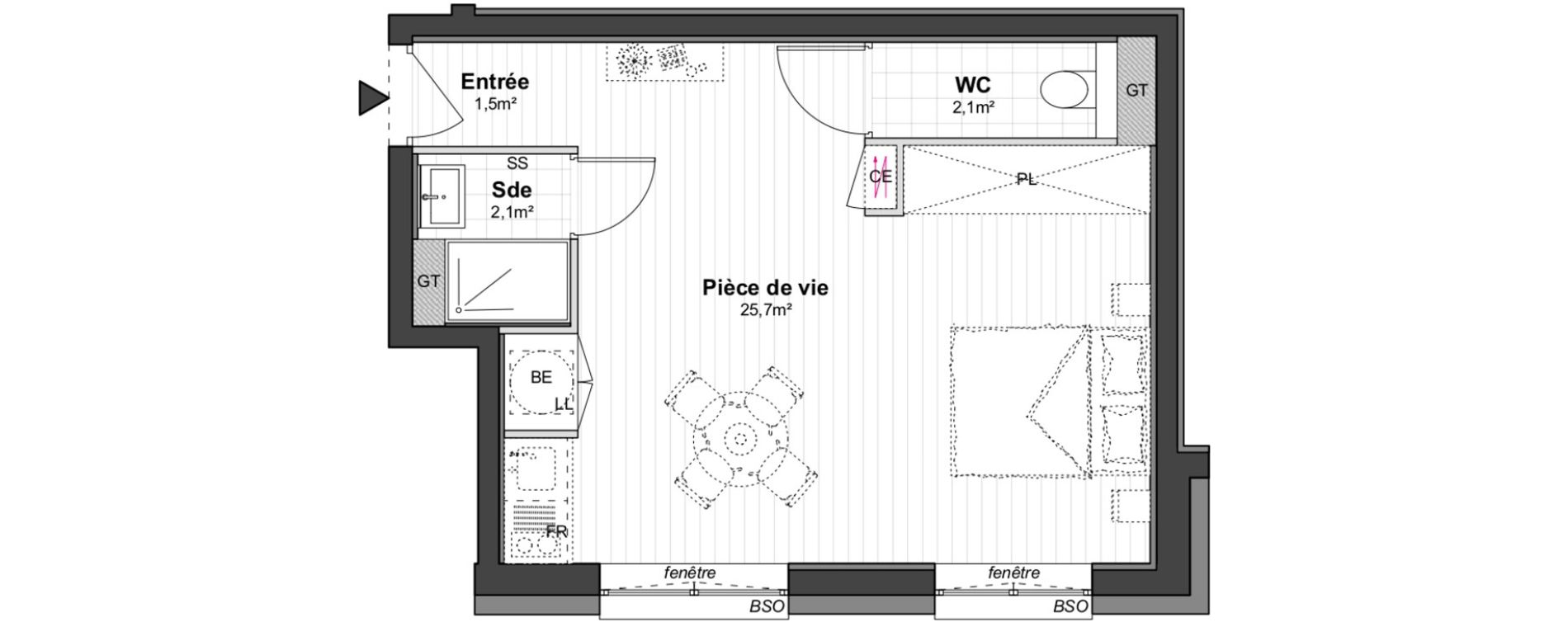 Appartement T1 de 31,40 m2 &agrave; Lyon Jean-jaur&egrave;s (7eme)